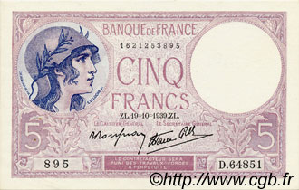 5 Francs FEMME CASQUÉE modifié FRANCE  1939 F.04.12 SPL