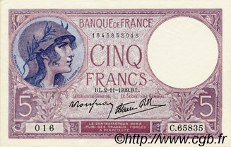 5 Francs FEMME CASQUÉE modifié FRANKREICH  1939 F.04.14 fST