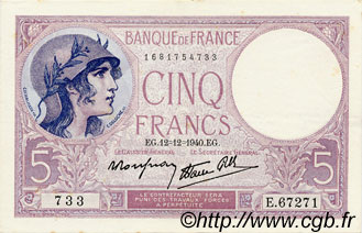 5 Francs FEMME CASQUÉE modifié FRANKREICH  1940 F.04.17 VZ+