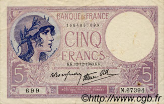 5 Francs FEMME CASQUÉE modifié FRANCIA  1940 F.04.17 MBC