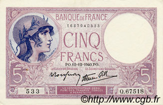 5 Francs FEMME CASQUÉE modifié FRANCE  1940 F.04.17 AU-