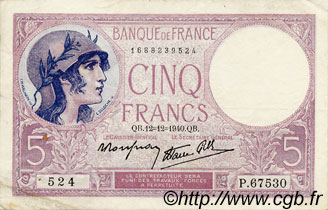 5 Francs FEMME CASQUÉE modifié FRANKREICH  1940 F.04.17 fVZ