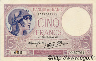 5 Francs FEMME CASQUÉE modifié FRANCE  1940 F.04.18 XF