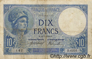 10 Francs MINERVE FRANCIA  1918 F.06.03 q.MB