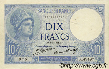 10 Francs MINERVE FRANCE  1928 F.06.13 XF