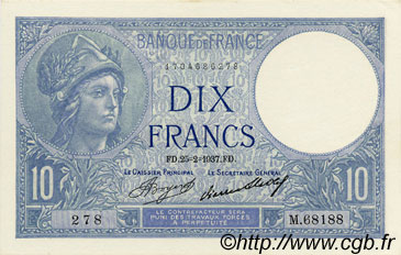 10 Francs MINERVE FRANCIA  1937 F.06.18 FDC