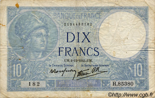 10 Francs MINERVE modifié FRANCE  1939 F.07 VG