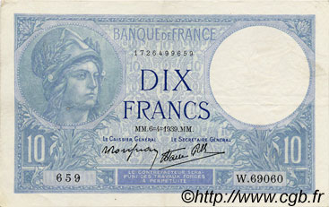 10 Francs MINERVE modifié FRANKREICH  1939 F.07.02 fVZ