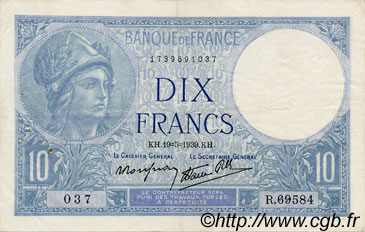 10 Francs MINERVE modifié FRANCE  1939 F.07.03 VF