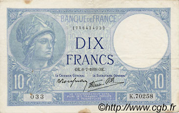 10 Francs MINERVE modifié FRANCE  1939 F.07.04 VF