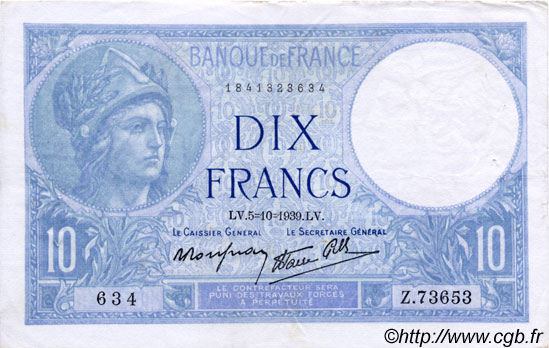 10 Francs MINERVE modifié FRANCE  1939 F.07.10 VF+
