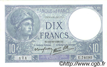 10 Francs MINERVE modifié FRANCIA  1939 F.07.11 q.FDC