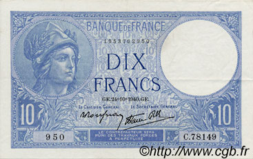 10 Francs MINERVE modifié FRANCE  1940 F.07.18 XF