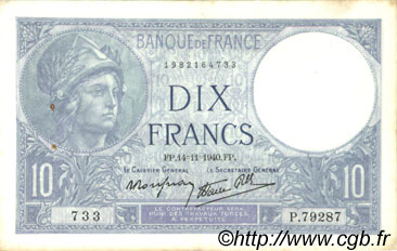 10 Francs MINERVE modifié FRANCIA  1940 F.07.20 q.SPL