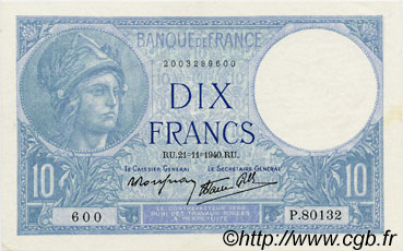 10 Francs MINERVE modifié FRANKREICH  1940 F.07.21 fST