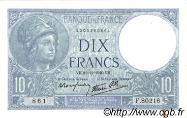 10 Francs MINERVE modifié FRANCE  1940 F.07.21 AU
