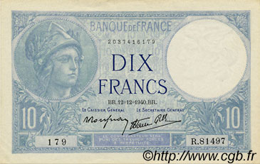 10 Francs MINERVE modifié FRANKREICH  1940 F.07.24 VZ+