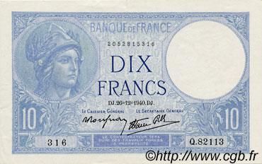 10 Francs MINERVE modifié FRANCE  1940 F.07.25 AU
