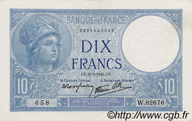 10 Francs MINERVE modifié FRANCIA  1941 F.07.26 AU+