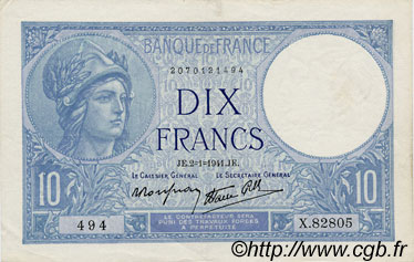 10 Francs MINERVE modifié FRANCE  1941 F.07.26 VF+