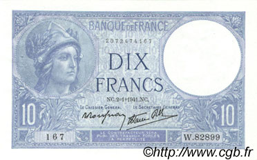 10 Francs MINERVE modifié FRANCIA  1941 F.07.26 SPL+ a AU