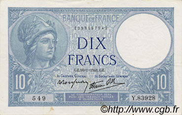10 Francs MINERVE modifié FRANKREICH  1941 F.07.28 VZ