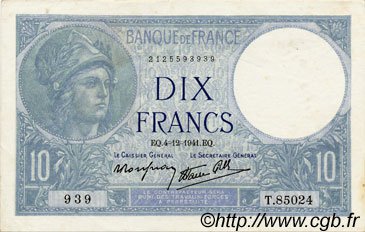 10 Francs MINERVE modifié FRANKREICH  1941 F.07.30 VZ+