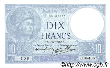 10 Francs MINERVE modifié FRANCIA  1941 F.07.30 EBC a SC