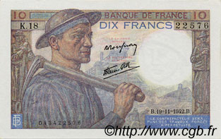 10 Francs MINEUR FRANCIA  1942 F.08.05 AU