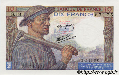 10 Francs MINEUR Numéro radar FRANCE  1942 F.08.05 UNC