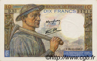 10 Francs MINEUR FRANCIA  1942 F.08.06 q.FDC