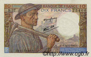 10 Francs MINEUR FRANCIA  1943 F.08.07 AU