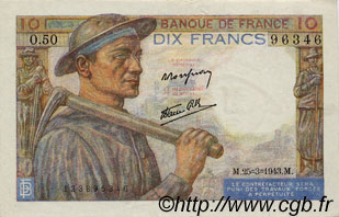 10 Francs MINEUR FRANCE  1943 F.08.08 XF-