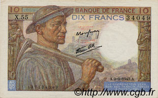 10 Francs MINEUR FRANKREICH  1943 F.08.09 VZ+