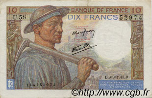 10 Francs MINEUR FRANCE  1943 F.08.09 VF+