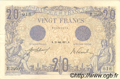 20 Francs BLEU FRANCE  1912 F.10.02 XF-