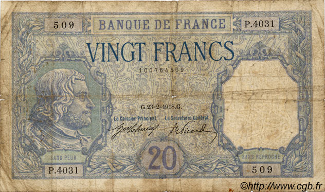 20 Francs BAYARD FRANCE  1918 F.11.03 G