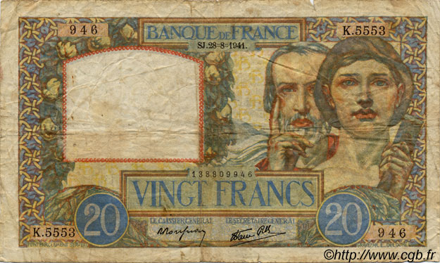 20 Francs TRAVAIL ET SCIENCE FRANKREICH  1939 F.12 SGE