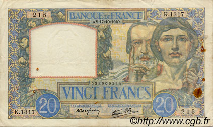 20 Francs TRAVAIL ET SCIENCE FRANCE  1940 F.12.09 VF