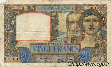 20 Francs TRAVAIL ET SCIENCE FRANCE  1941 F.12.12 TB