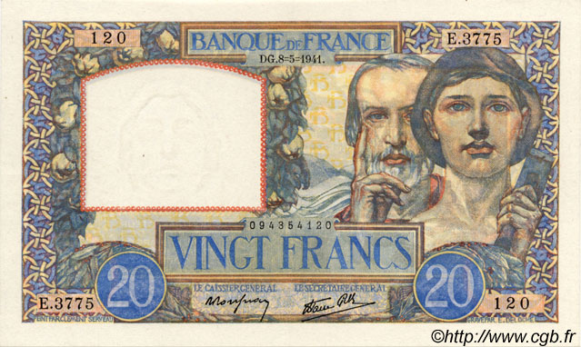 20 Francs TRAVAIL ET SCIENCE FRANCE  1941 F.12.14 XF+