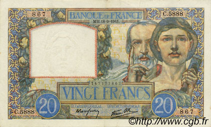 20 Francs TRAVAIL ET SCIENCE FRANCE  1941 F.12.18 XF+