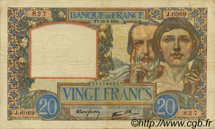 20 Francs TRAVAIL ET SCIENCE FRANCE  1941 F.12.18 VF