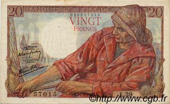 20 Francs PÊCHEUR FRANKREICH  1942 F.13.03 fVZ