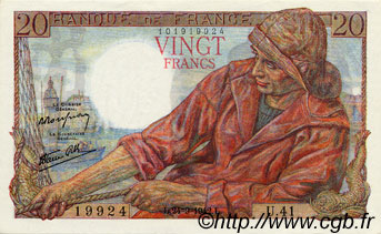 20 Francs PÊCHEUR FRANKREICH  1942 F.13.03 VZ+