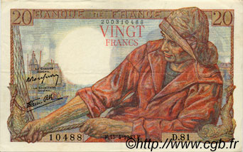 20 Francs PÊCHEUR FRANCIA  1943 F.13.06 SPL