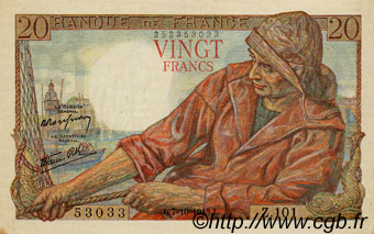 20 Francs PÊCHEUR FRANKREICH  1943 F.13.07 VZ