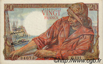 20 Francs PÊCHEUR FRANCE  1944 F.13.08 XF