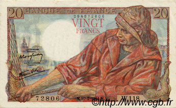 20 Francs PÊCHEUR FRANCE  1944 F.13.08 XF+