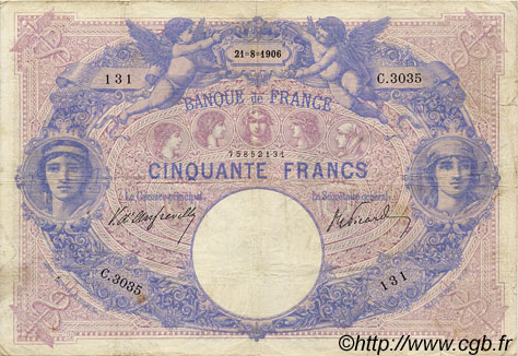 50 Francs BLEU ET ROSE FRANCE  1906 F.14.18 VG